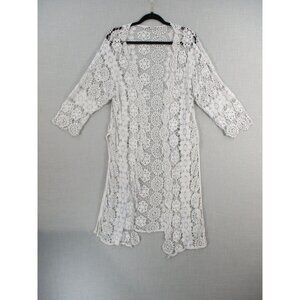 Mossimo White Crochet Open-Front Kimono Cardigan Floral Lace Size M 100% Cotton